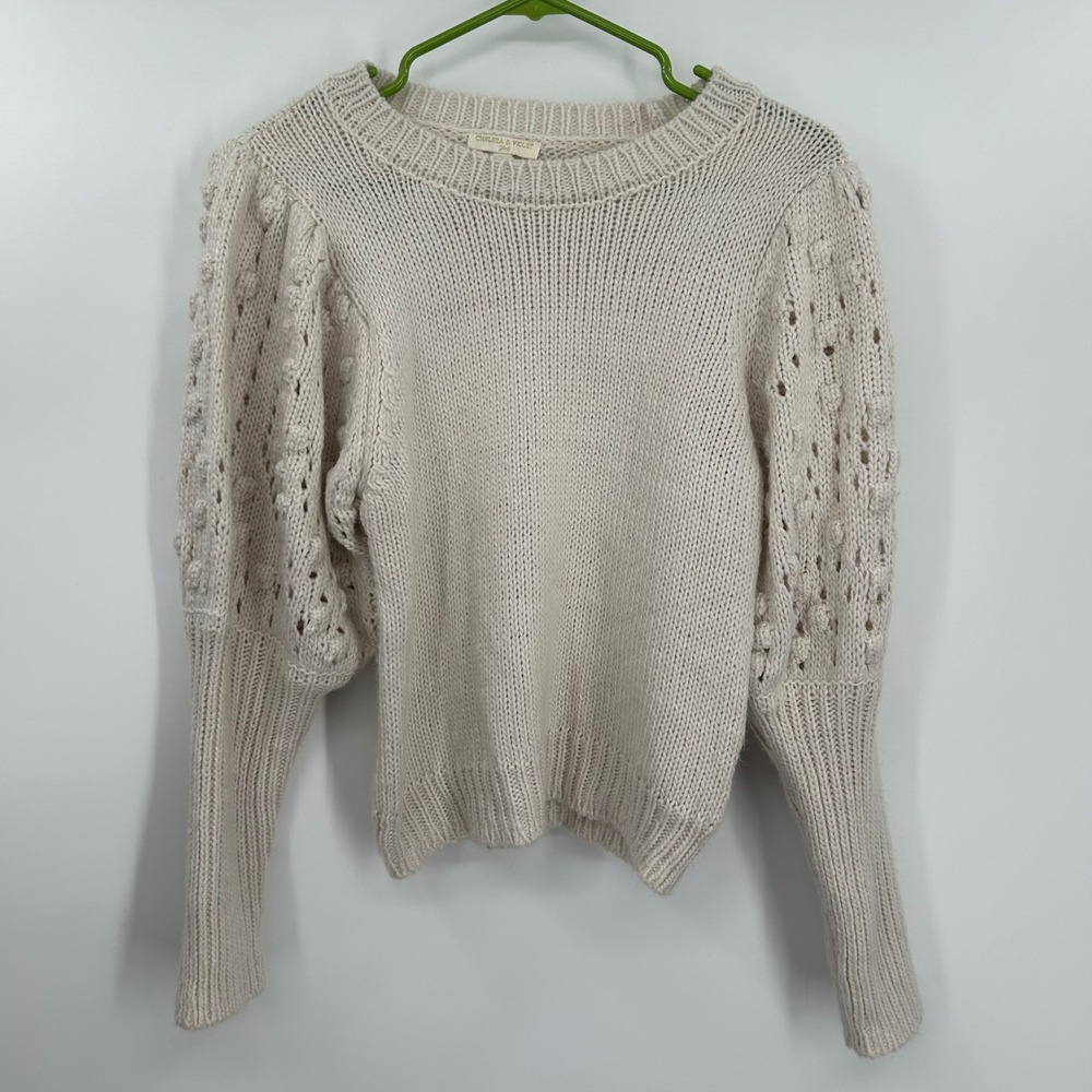 Chelsea & Violet Girls XL Cream Puff Sleeve Popcorn Knit Sweater Chunky Crewneck